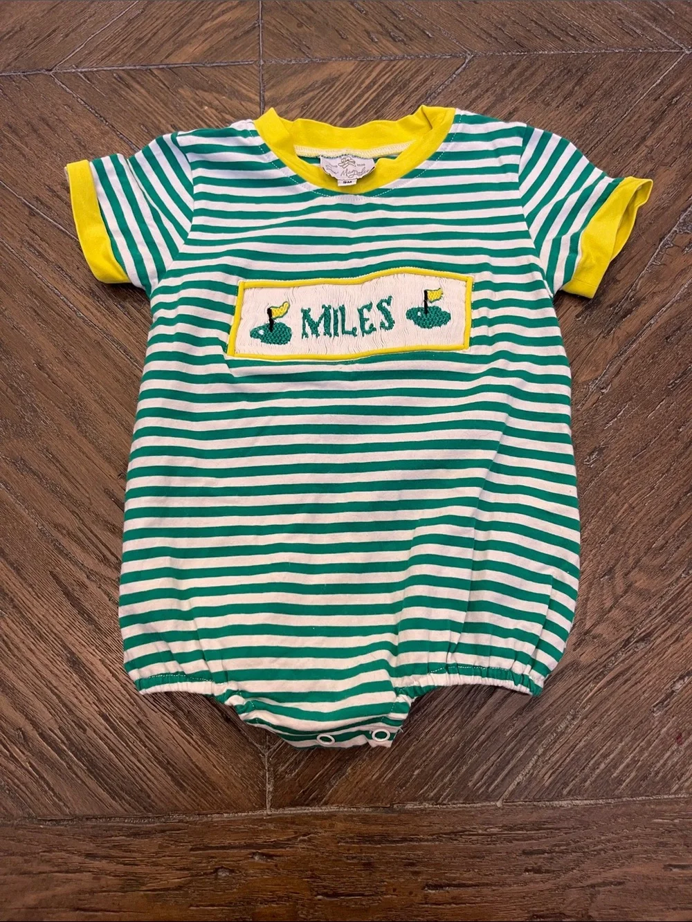 Sew Magnolia Smocks Green & White Striped Golf Romper with Miles